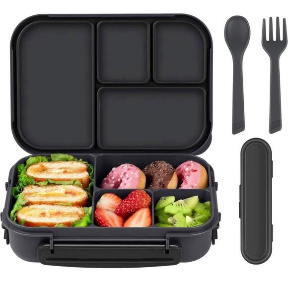 NIB: Bento Box: Leakproof Lunch Containers w utensils (dark gray) - Picture 1 of 7